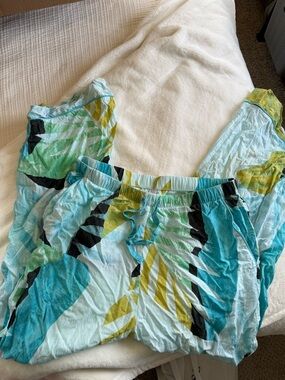 Light Blue Tropical Print Drawstring Pajama Bottoms